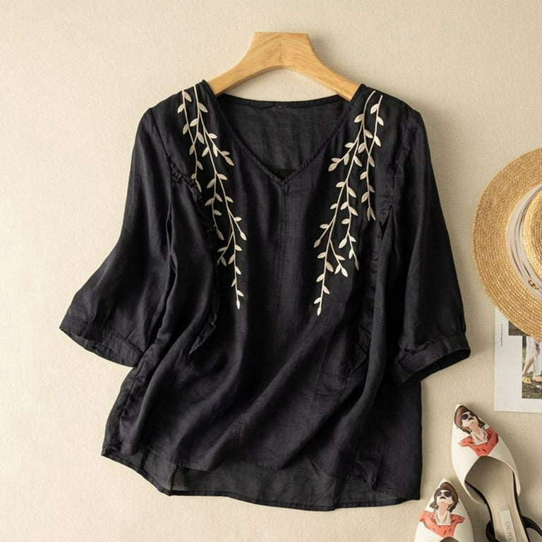 JFOPQVSM Linen Blouse for Women Dressy Casual Loose Blusas Vintage Embroidery Shirt V Neck Causal Tops and Blouses Ladies Casual Linen Blouse Shirts Blusas Blue 3XL Walmart