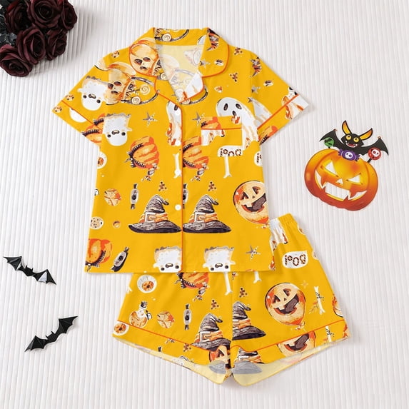 Halloween Theme Button Down Short Sleeve Pajama For With Lace Trim Short Pants Comfortable Home Wear