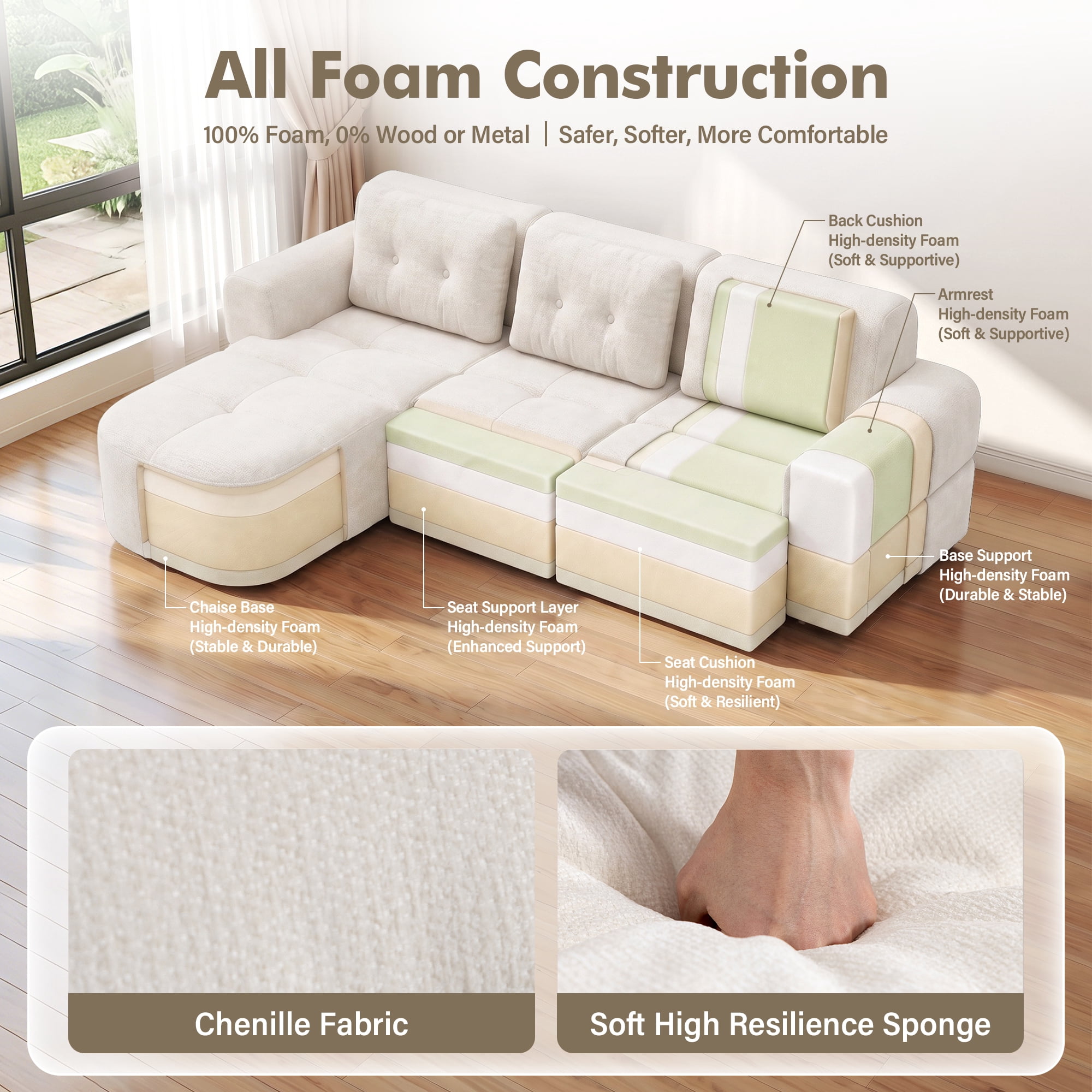 Aukfa 112" Modular Sectional Sofa with Chaise, Full-Foam Boneless Cloud Couch, Woven Chenille Oversized Deep Seat Sofa with 3 Pillows for Living Room, Beige