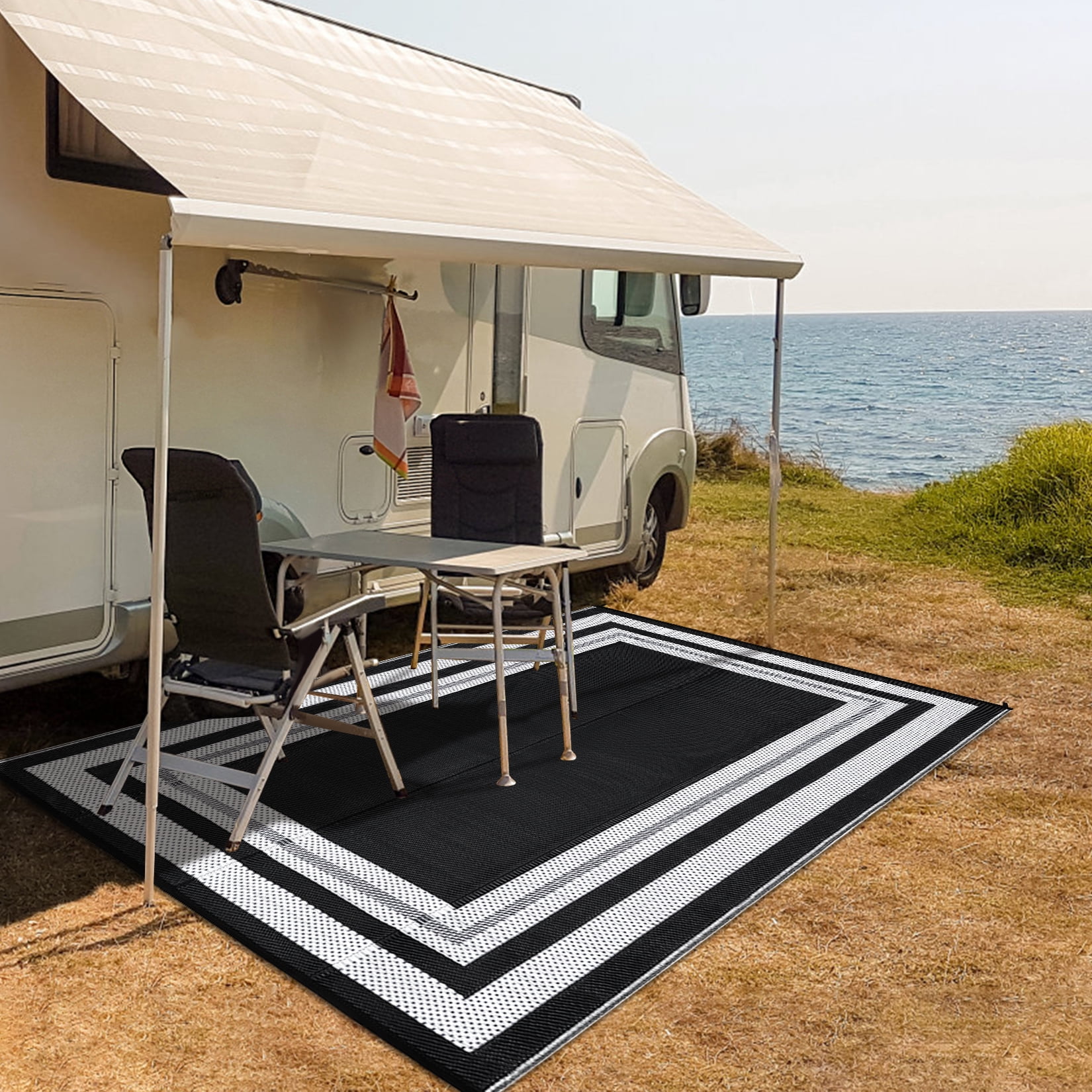 GlowSol 9'x12' Outdoor Rug Plastic Patio Rug Plastic Straw Waterproof Rug Modern Bordered Reversible Camper Rug for RV Backyard Deck Picnic Beach, Black White