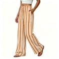 thumbnail image 4 of Crinkle Textured Womens Striped Wide Leg Pants Drawstring High Waist Loose Flowy Trousers with Pockets Daily Beach Loungewear Pants Beige, 4 of 7