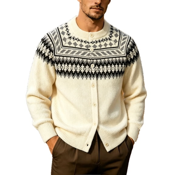 Iyufng Cardigan Sweaters for Men Vintage Fair Isle Geometric Pattern Sweater Button Front Long Sleeve Casual Daily Warm Knit Tops