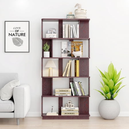 FFZ 5-Tier Modern Open Storage Bookshelf with 3D Wood Grain, 31.5 x 9.84 x 64.56 inch, Ox Blood Red