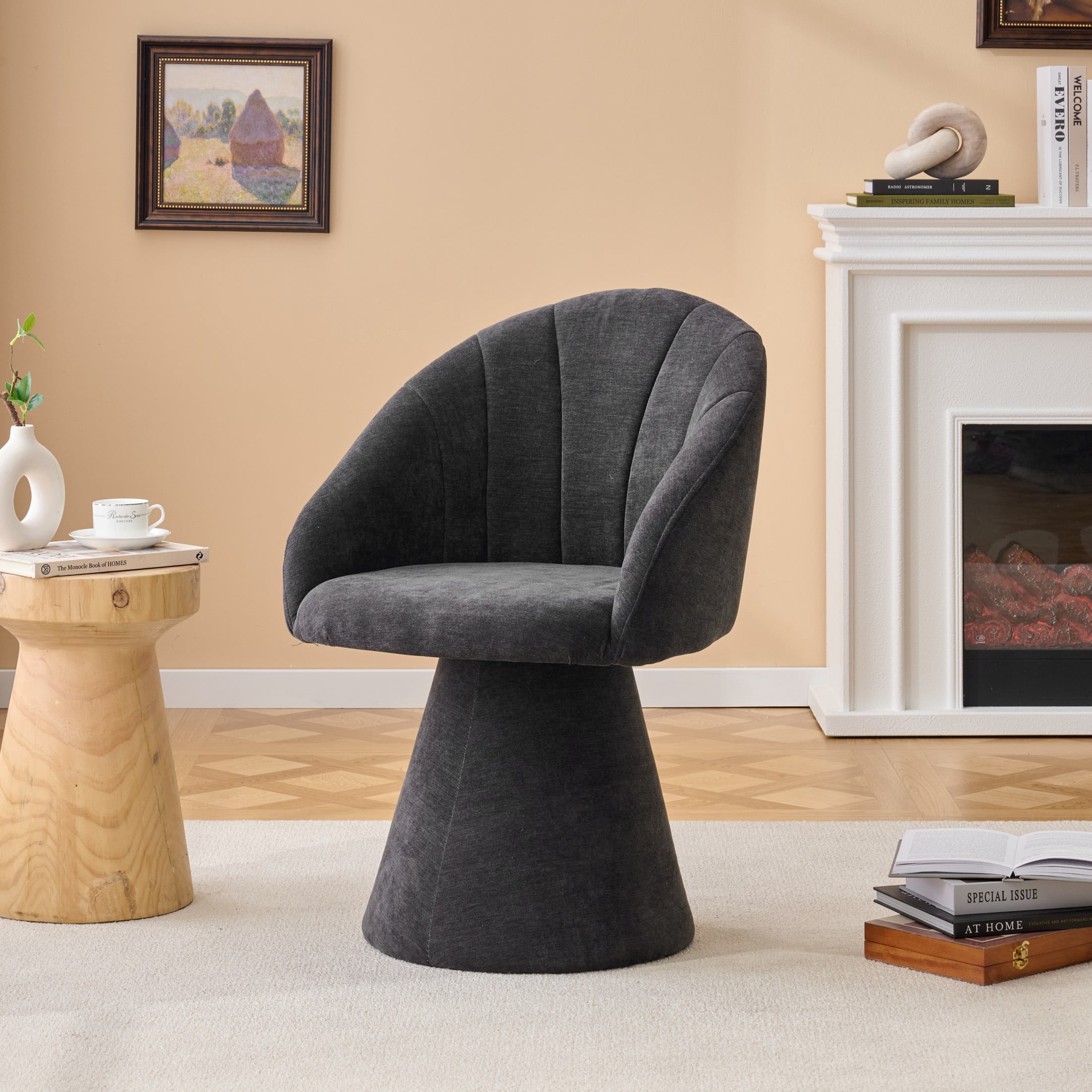 Noble House Brixo Upholstered Chenille Vanity Chair, Comfy 360° Swivel Computer Desk Chair for Home Office, Gray