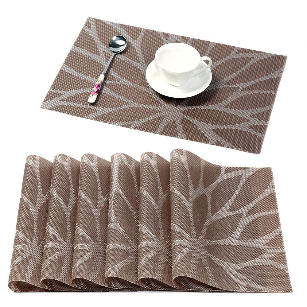 Washable Dinner Mats for Kitchen and Dining Room HEYOMART Place Mats and Coasters Non-slip Insulation Kitchen Silver Woven PVC Table Mats Heat-resistant Vinyl Placemats Set of 6 Grey & Black 