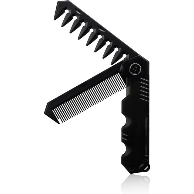 Peine Portátil Plegable 2 En 1 Con Dientes Densos Y Anchos, Peine De Bolsillo Para Peinar Cabello Liso, Rizado, Barba Y Bigote, Para Hombres, Peluqueros (Negro)