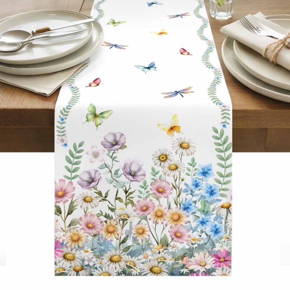 Wildflowers Table Runner - 70 Inch Long, Kitchen Dining Table Runner Dresser Scarves, Farmhouse Country Dragonfly Butterfly Floral Farmhouse Decor for Coffee Tables Wedding Party Banquet