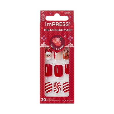 KISS imPRESS Holiday Press On Nails, ‘Frost Kiss’, Red, Short Squoval, 30 Count