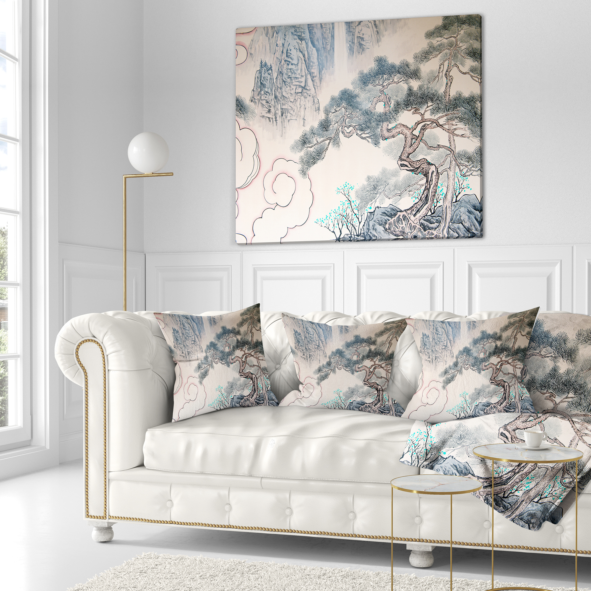 Designart Chinese Blue Tree Art - Floral Painting Throw Pillow - 18x18