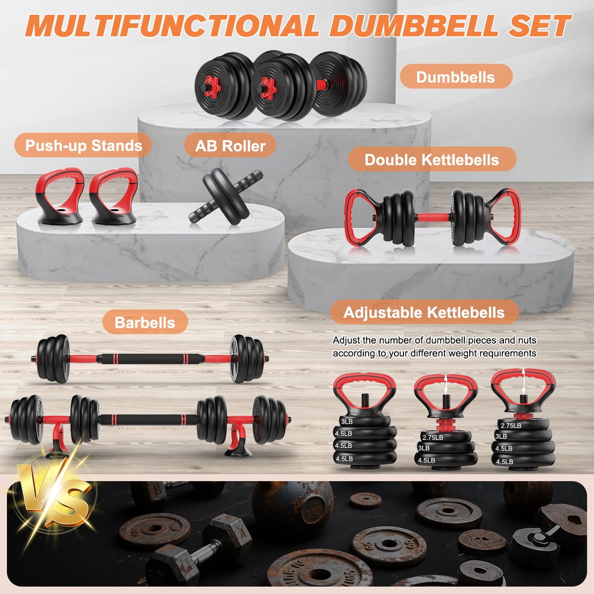 RELIFESPORTS 6-in-1 Adjustable Dumbbell Set | Squat Bar & Tire Flipper Included | Free Weights for Men & Women | Space-Saving Multifunctional Home Gym Equipment