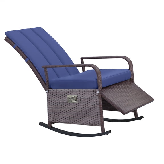 Homiyad Outdoor Rattan Chair Patio Recliner with with Soft Cushion, Adjustable Footrest, Blue| Aosom.com
