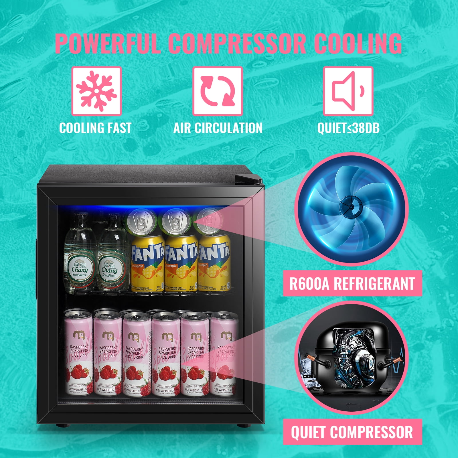 WANAI 1.7 Cu. ft Mini Fridge Beverage Cooler, 60 Cans Drink Fridge Black Glass Door for Beer Soda