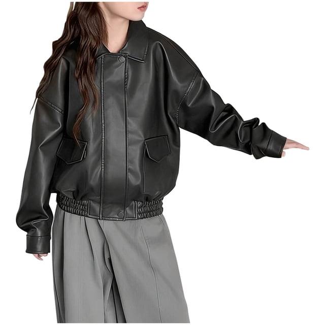 Lovzfmll Kid's Classic Solid Color Leather-Look Jacket, Button & Zipper Front with Pockets for Little Girls 13-14 Years