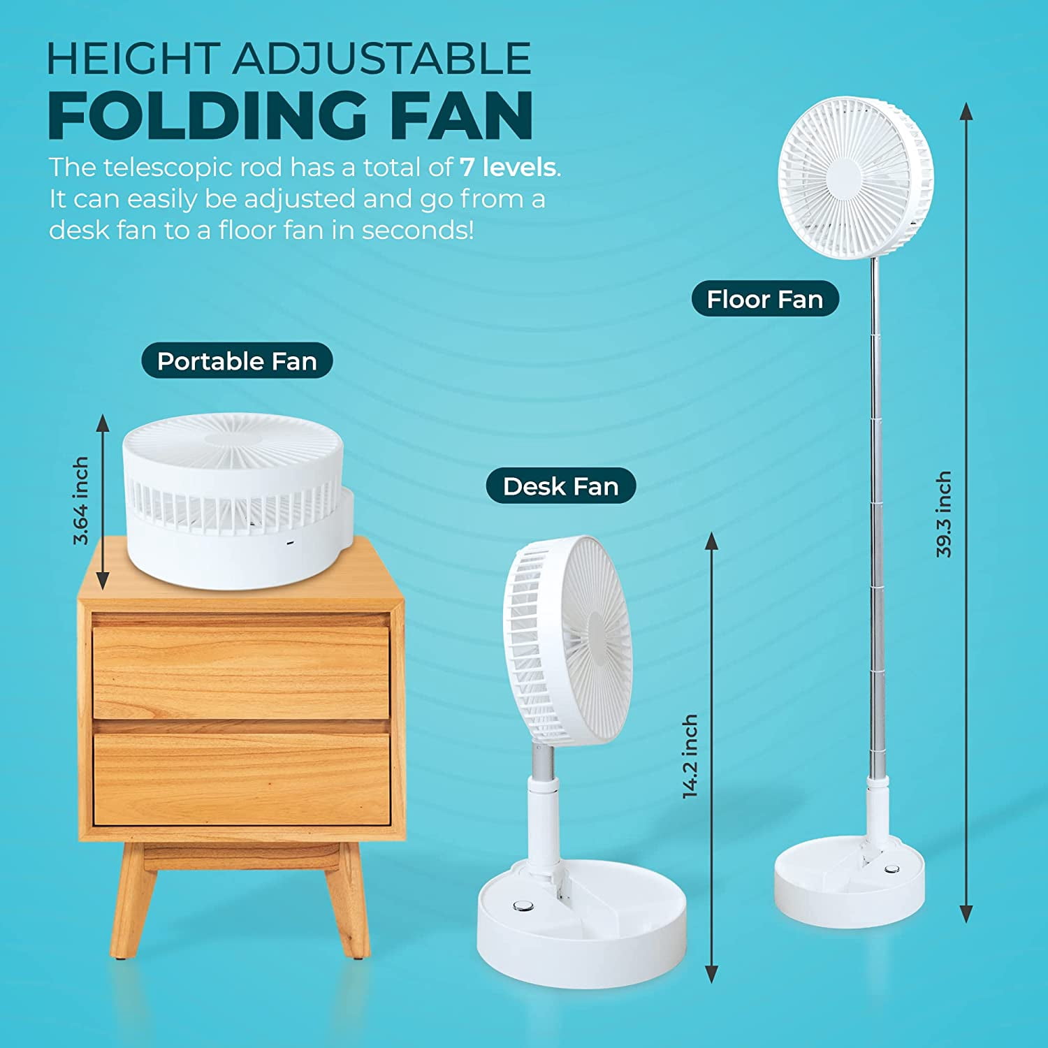 Portable Foldable Rechargeable Fan - 9" 7200mah Battery Operated USB C Small Fan Remote, Quiet Table Desk Fan Folding Standing Pedestal Fans for Camping Travel Outdoor Home (White)