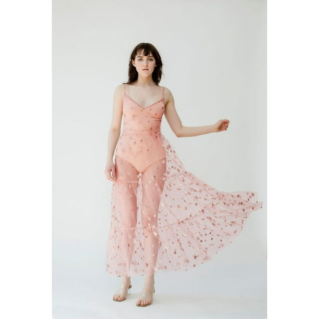 Fortune Robe Longue en Tulle à Bretelles Spaghetti pour Femmes, Robe en Maille Transparente Plissée