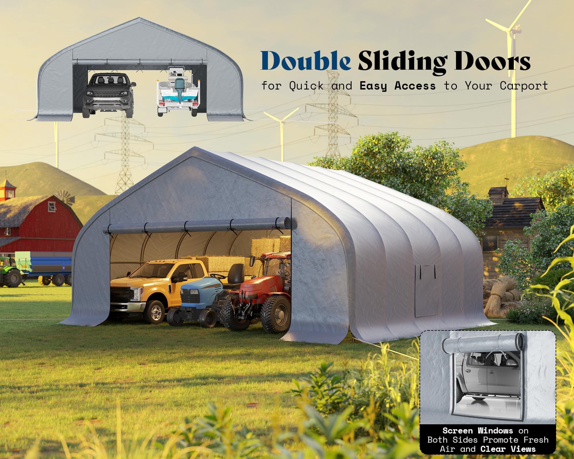 Amerlife 22.5'×20' Heavy Duty Double Carport, Galvanized Steel Frame Garage Shelter, Outdoor Storage, Waterproof 3-Layer PE Cover, Silver Gray