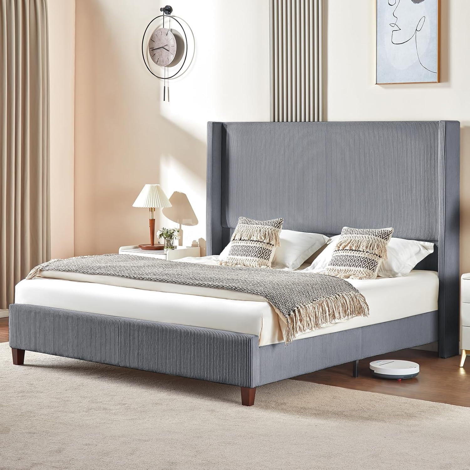 VanAcc Queen Size Platform Bed Frame with 62" Headboard Corduroy Upholstered Bed/Wingback/No Box Spring Needed/Noise Free/Grey