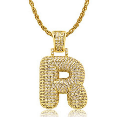 R In Bubble Letter Iced Out Bubble Letters Pendant Necklace Gold-Plated Cubic Zirconia Hip Hip Bling Jewelry 60cm Chain (R) ()