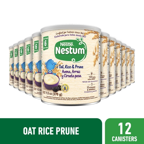 (12 pack) Nestlé Nestum Stage 2 Baby Cereal, Multicereal with Prune, 9.5 Ounce Canister