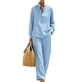 thumbnail image 2 of Stralyhd 2 Piece Womens Sets Cotton Linen Lounge Sets Spring Airport Travel Matching Sets Comfy Lightweight Casual outfits with Pockets Sky Blue M, 2 of 7