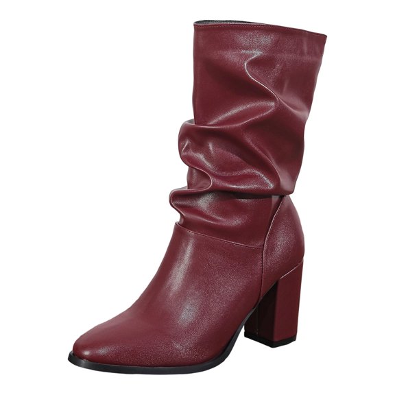 Pandaie Women's Mid Calf Chunky Heel Short Boots Party Daily Work Fashion Classic PU Slouchy Booties Fall Walking Shoes Wine 7.5