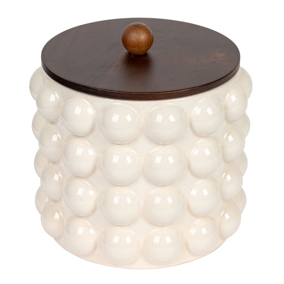 Creative Co-Op 8.25 Inches Round Stoneware Canister with Raised Dots and Acacia Wood Lid, White and Natural