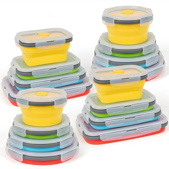 Collapsible Food Storage Containers with Lid & Air Vent, 16 Pack, 8 Rectangular   8 Round, 4-Color
