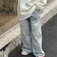 thumbnail image 5 of MKOSPLRT 2-14 Years Ripped Jeans for Girl Elastic Waist Distressed Jeans Baggy Straight Wide Leg Jeans Retro Jeans with Pocket Gifts for Kid, 5 of 6