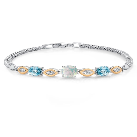 925 Silver and 10K Yellow Gold Simulated White Opal and Blue Zircon and White Lab Grown Diamond Bracelet for Women (2.36 Cttw, Gemstone October Birthstone, Oval Cabochon, Wheat Chain, 7 inches)