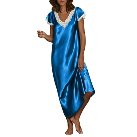 Moxiu Womens Silk Satin Long Nightgown Lace Trim Chemise Lingerie Maxi Sleepdress for Ladies V Neck Shorts Sleeve Sleepwear 2025 Blue M