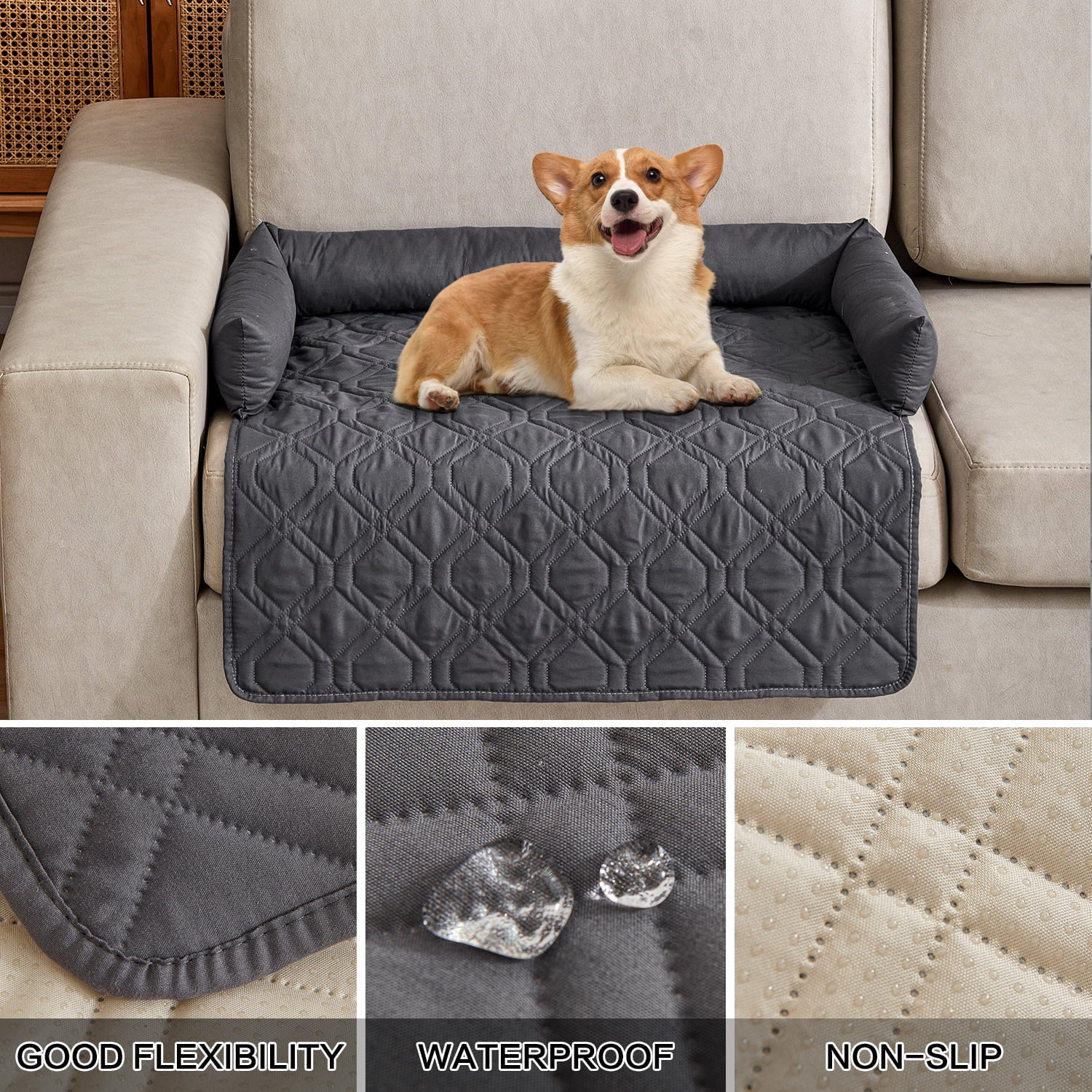Suitable for Medium and Large Dogs Calm Pet Bed, Pet Furniture Protective Cover, Non-Slip Base, Side Pillow Pet Bed, Waterproof and Urine-Proof Fabric, Deodorant, Machine Washable Non-Slip