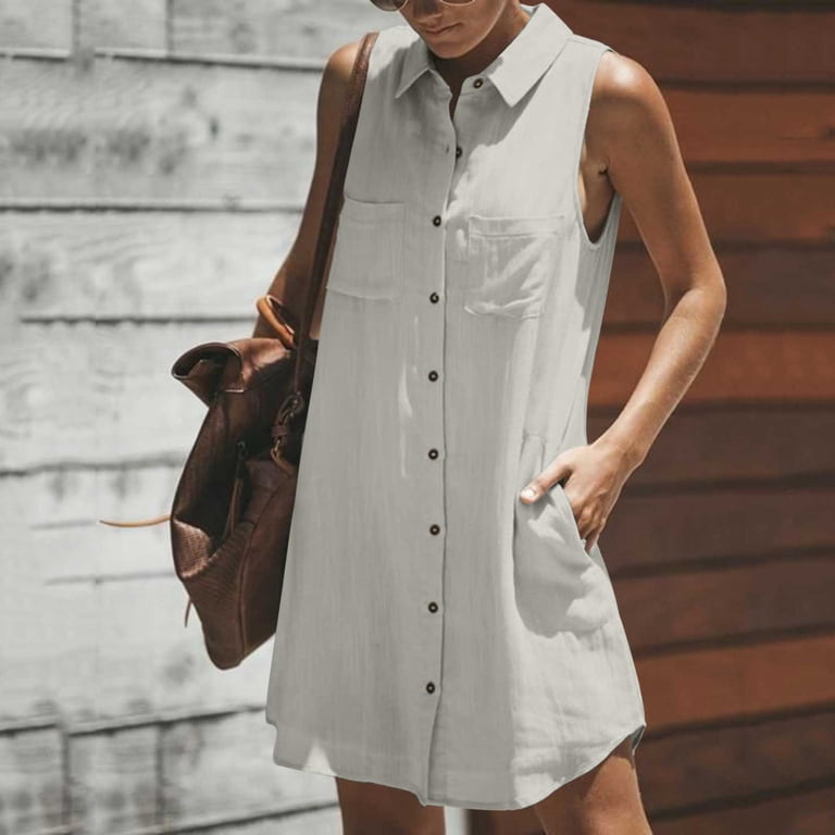 SMihono Women's Sleeveless Button Down Shirt Dress V Neck Collared Tank  Mini Dress Casual Vacation Dresses with Pocket Gray XL - Walmart.com