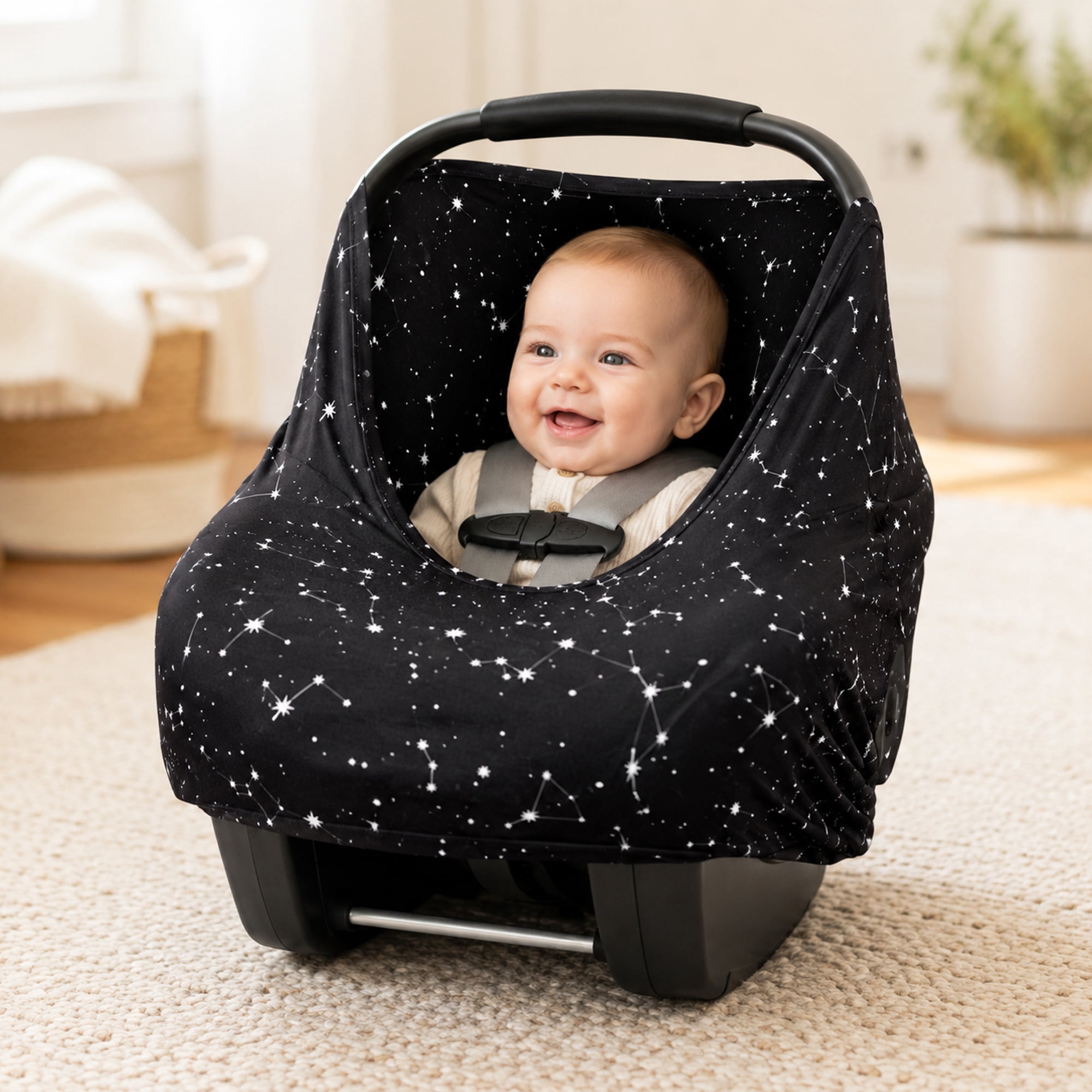Baby Car Seat Cover & Nursing Cover, Stretchy 5-in-1 Breastfeeding Canopy with Carry Pouch, Black Constellation