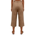 thumbnail image 4 of Breathable Linen Capri Pants for Women Wide Leg Pleated Front High Waisted Trousers Button Fly with Pockets Casual Summer Elegant Slacks, #01 Camel, L, 4 of 5