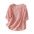 thumbnail image 2 of Pink Tshirts for Women Floral Tops Cotton Linen Shirts Boho Ethnic Style Tee Women 3/4 Sleeve V Neck Button Tunic Tshirt Going Out Tops for Women, 2 of 5