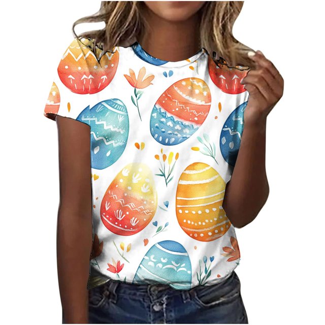 Pisexur Hauts pour Femmes Blouses Décontractées Élégantes Imprimé de Pâques Manches Courtes Col Rond, Grande Taille Multicolore, TG