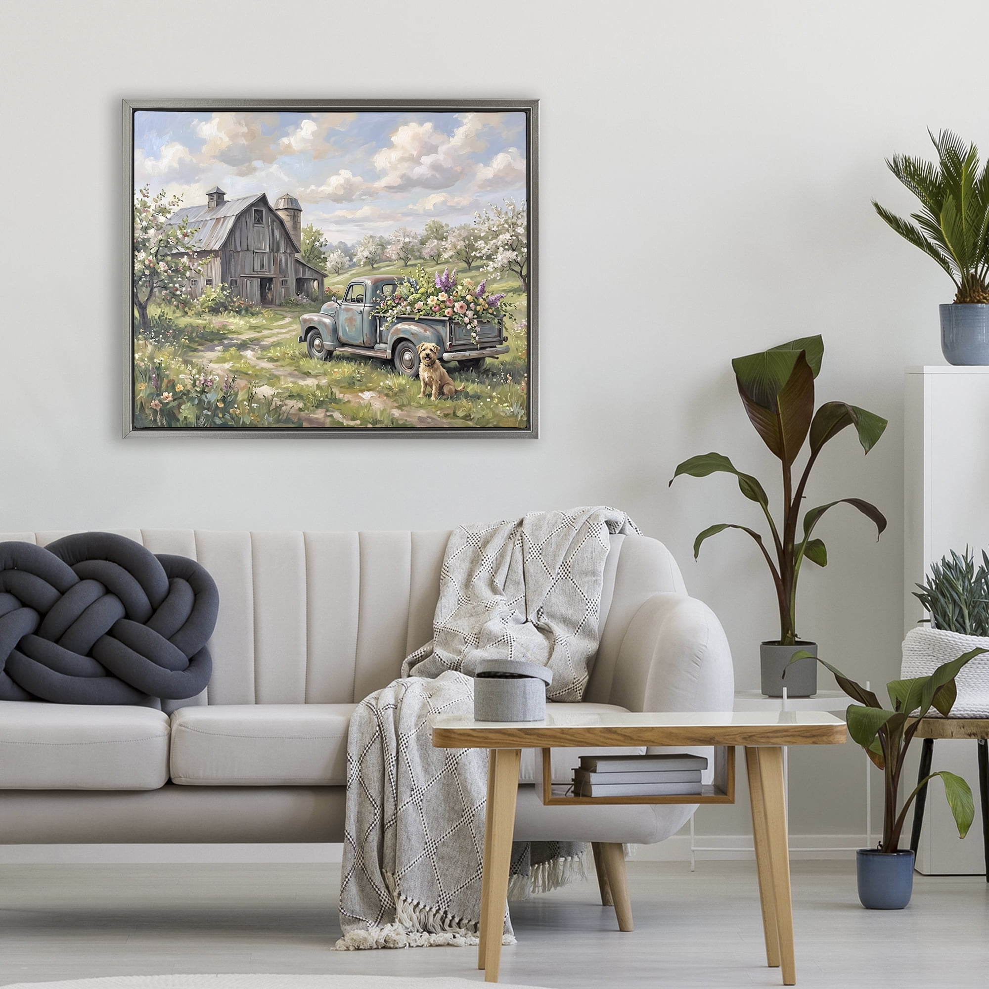 Stupell Industries Proud Dog by Truckload of Flowers Gray Framed Floater Canvas Wall Art, design by Tabz Jones