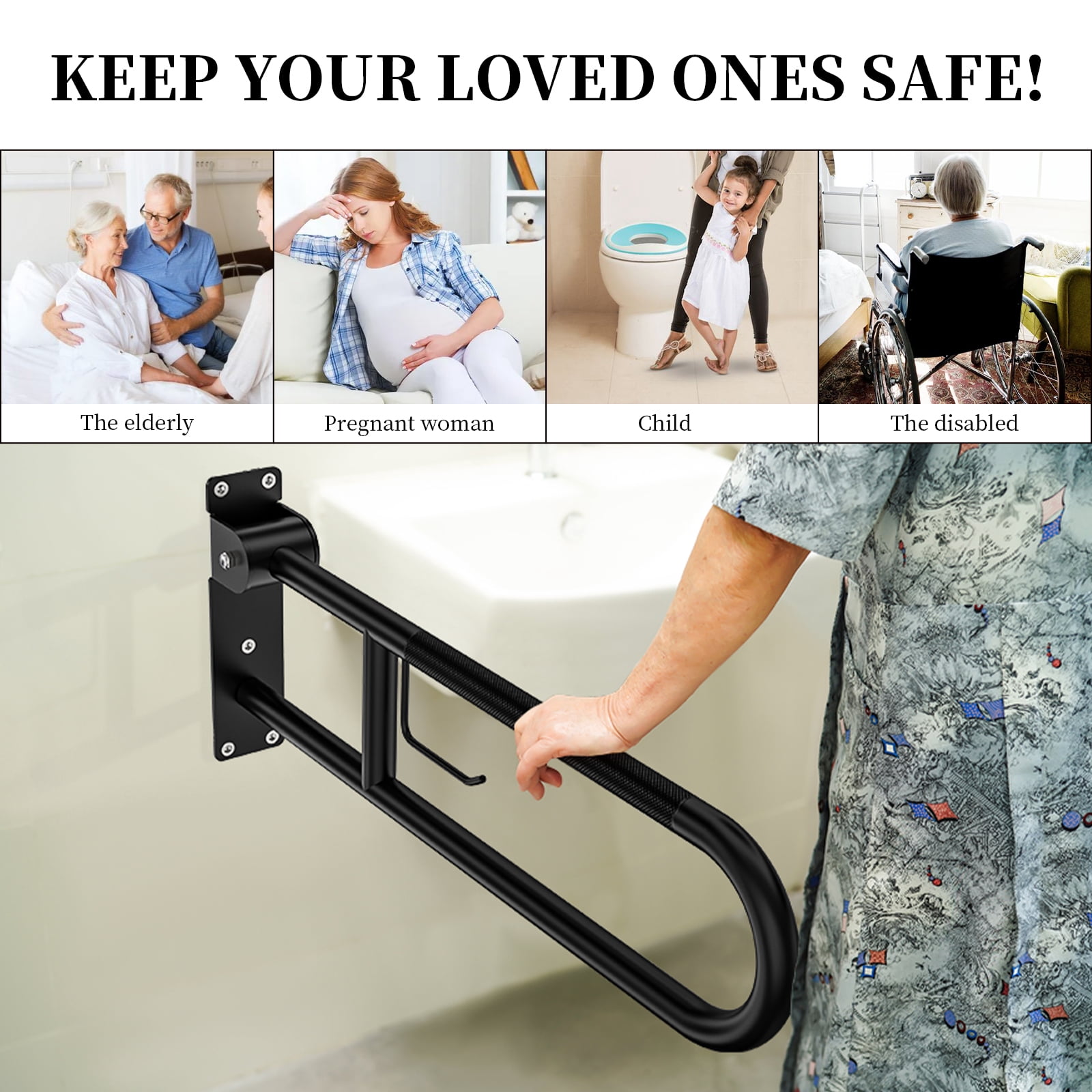 Toilet Grab Bar 30.3 Inch, ZUEXT U Shaped Anti-Slip Black Support Rail, Flip-Up Bathroom Grab Bar with Paper Holder, Stainless Steel Knurled Handicap Safety handrails for Elderly Disabled Pregnant