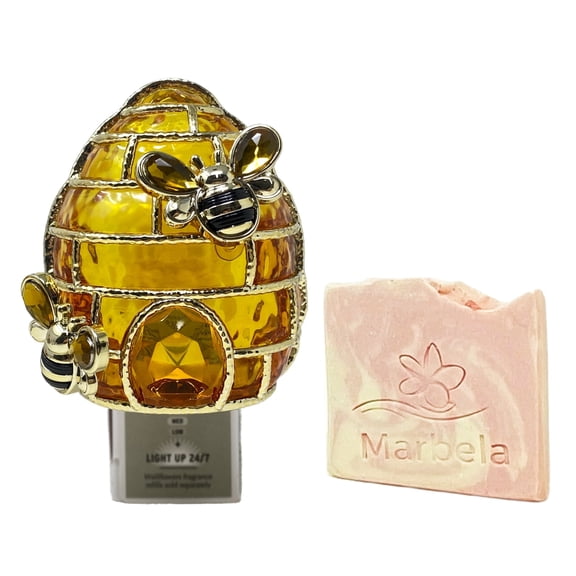 Bath & Body Works Stained Glass Beehive Wallflowers Scent Control Nightlight Fragrance Plug with a Marbela Himalayan Salts Springs Sample Soap