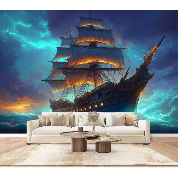 Wallpaper Nautical Ghost Sailboat Ocean Wave Sailing Moon Pirate Peel and Stick Wall Murals 100"H x 144"W Removable PVC Wall Paper Self-Adhesive Wall Paintings Art Decor for Bedroom Living Room
