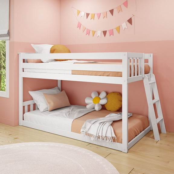 Max & Lily Solid Wood Twin over Twin Low Bunk Bed with Ladder on End For Kids, White