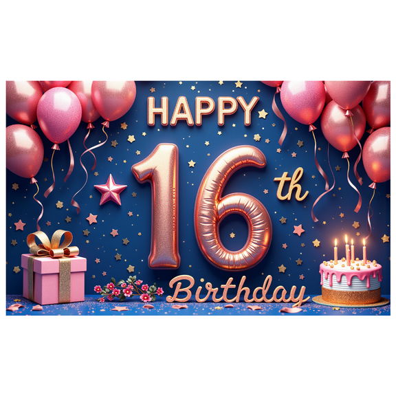 Pink Balloon Happy Birthday Banner Decorative 16th Birthday Cake Celebration for Sweet 16 Party Kids Event Indoor Decoration