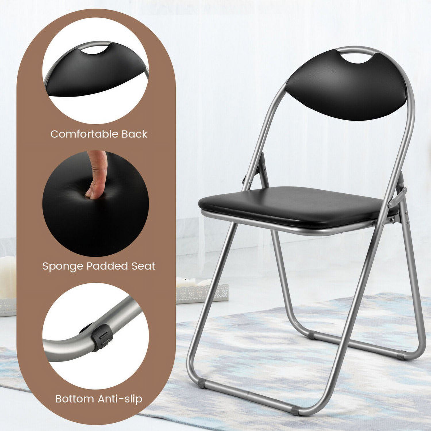 Demi Bonn 6 Pieces U-Shape Folding Chairs with Hollow Handle, Portable Padded Office Kitchen Dining Chairs, Black