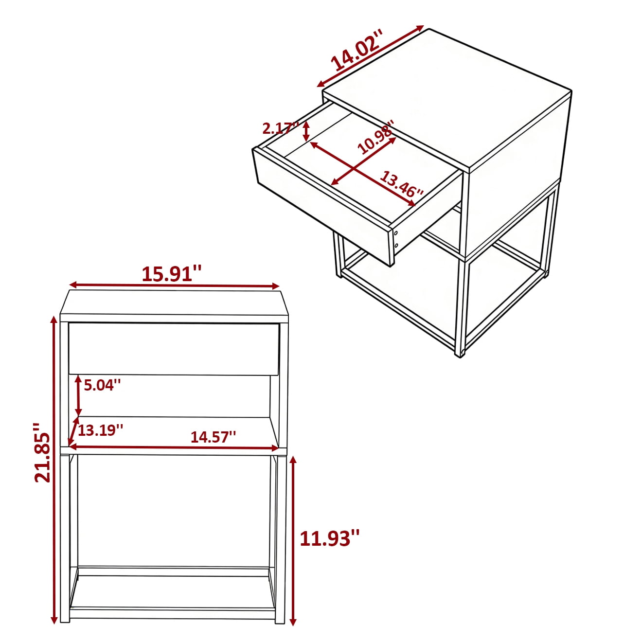 Gewnee 15.91"Small Nightstand with Drawer and Storage Shelf,MDF Wood Side Table with Metal Legs for Small Spaces,End Table for Bedroom,Living Room,Office.Black