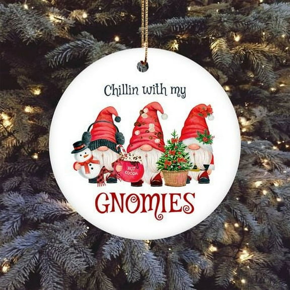 Flagwix Christmas Ornaments, Ceramic Ornaments, Chill With My Gnomies Three Cute Gnomies, Christmas Decorations, Christmas Gifts - Circle, 1 Pcs