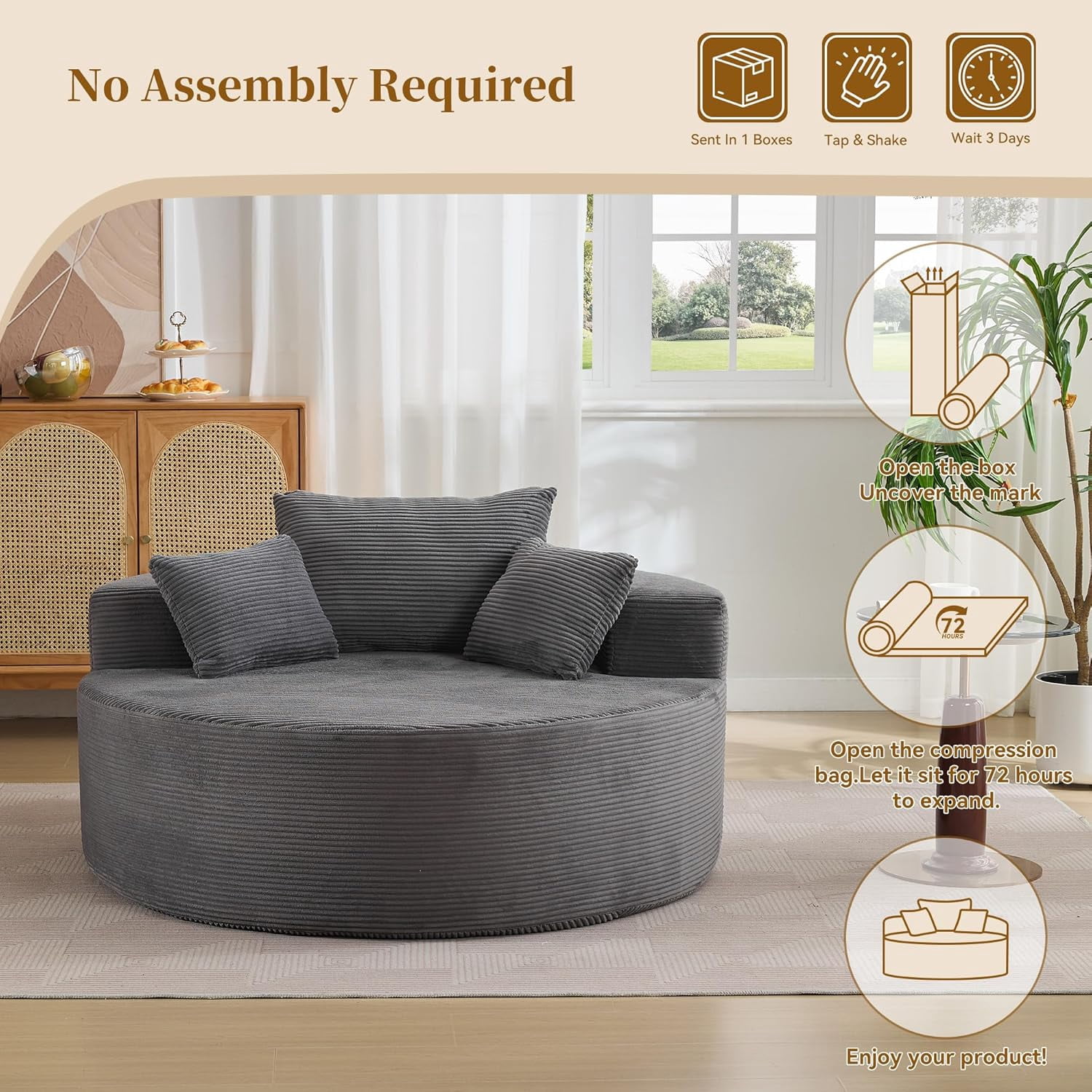 55'' Round Oversized Chaise Lounge Indoor Chair, No Assembly Corduroy Compressed Circle Sofa Bed,Comfy Upholstered Sleeper Couch,Lazy Bean Bag Couch for Living Room, Bedroom,Gray