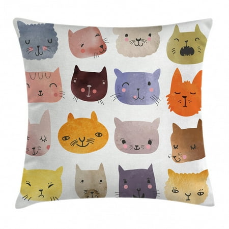 Cat Throw Pillow Cushion Cover Cute Watercolor Effect Cat Heads