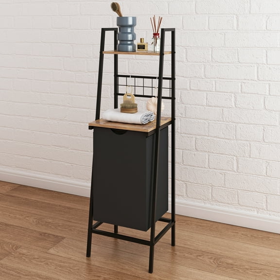 LENLN Black Metal Frame Bathroom Storage Rack with Laundry Hamper & Open Shelves - Space - Saving Multi - Layer Shelf for Bathroom Organization