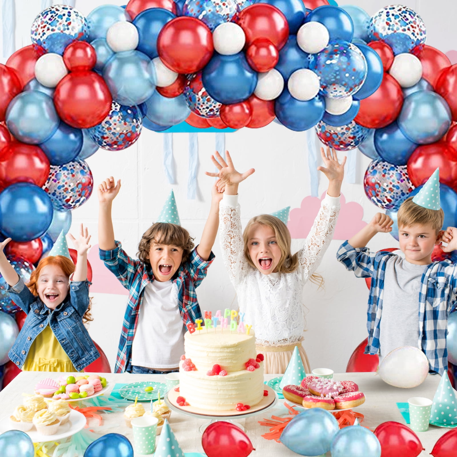 SKTMH 82 Pcs Hero Party Supplies Red Blue Balloon Garland Arch Kit Includes Red Blue White Balloons Latex Balloons Confetti Balloons for Boys Hero Baseball Carnival Circus Party Decorations