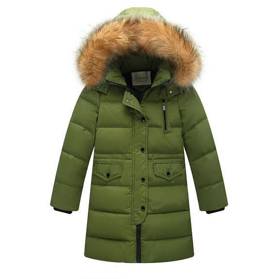 Fesfesfes Kids Winter Hooded Parka Jacket Mid Length Coat with Large Collar Windproof Warm Thickened Down Filled Outerwear for Children Boys Girls(Army Green,3-4 Years)